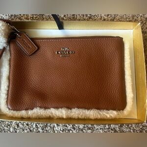 Coach Rich Brown Leather/Fur wristlet pouch purse.  NWOT